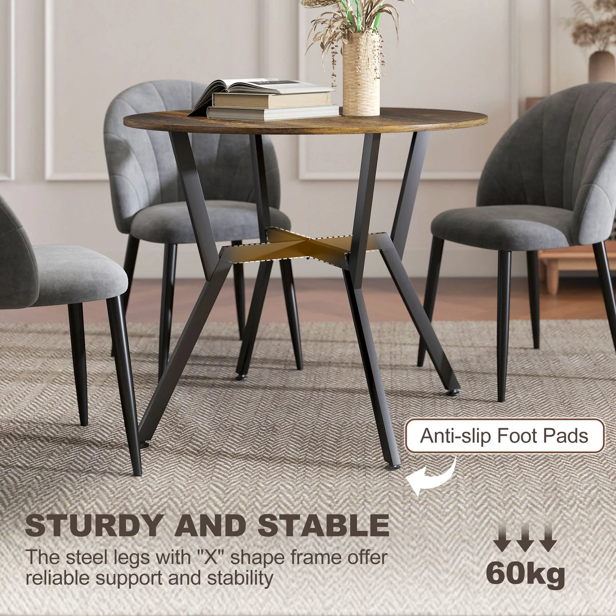 Round dining table with rustic brown top, black legs with anti-slip foot pads
