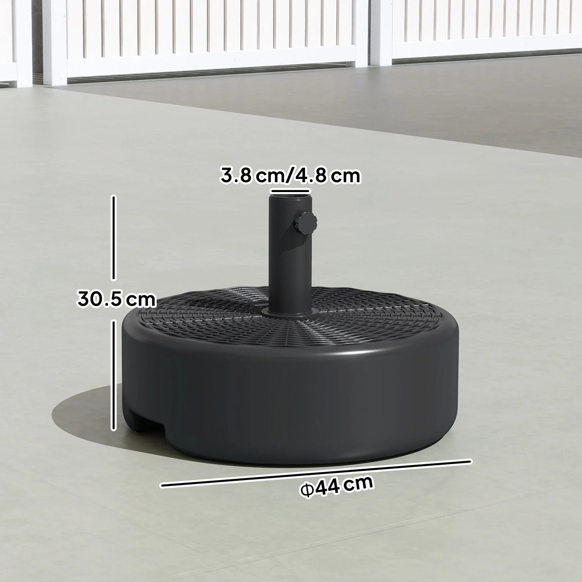 Black umbrella base with dimensions, round flat top and central pole socket