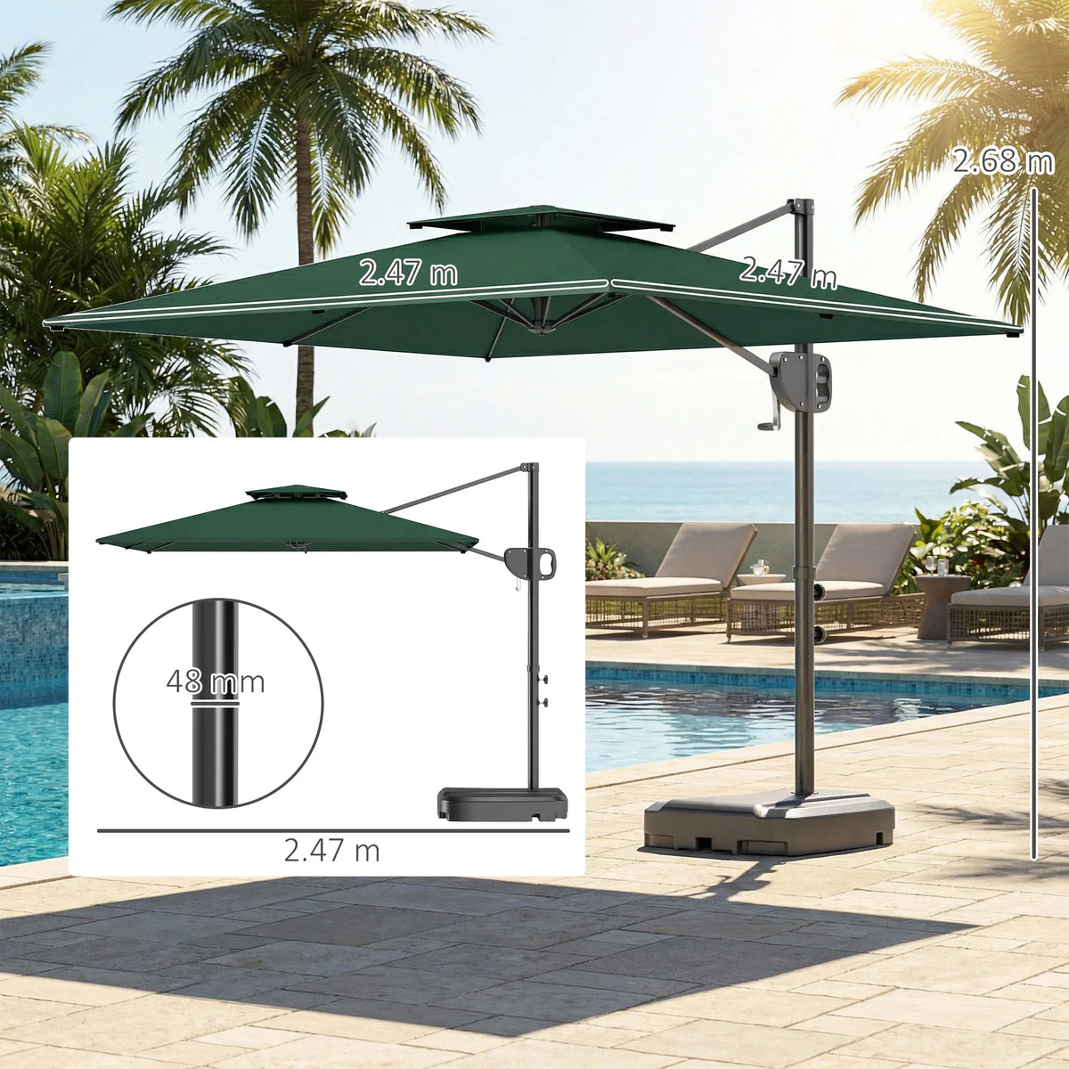 Dark green double-top cantilever patio parasol with crank tilt and weighted base
