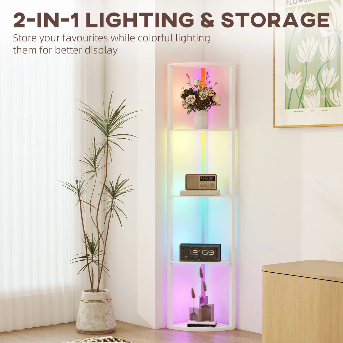 White corner floor lamp shelf unit combining RGB lighting and storage for small items