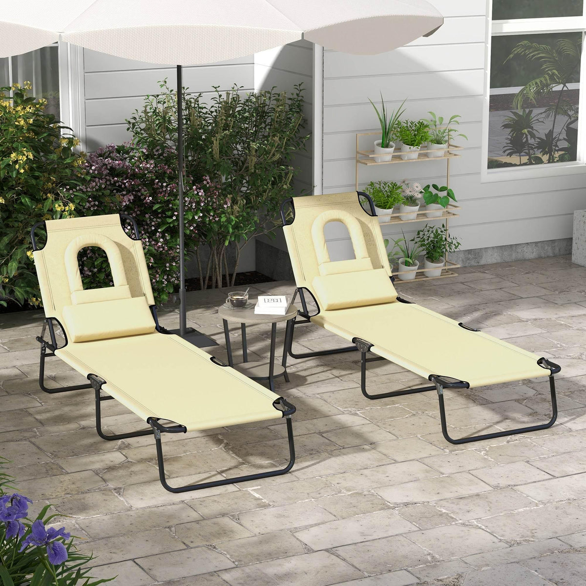Beige adjustable reclining sun lounger set of 2 with face-hole pillow and black frame