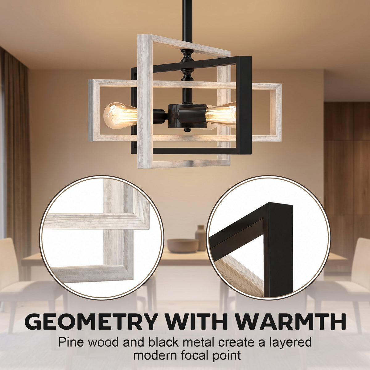 Layered pine-wood and black metal geometric ceiling light with black canopy