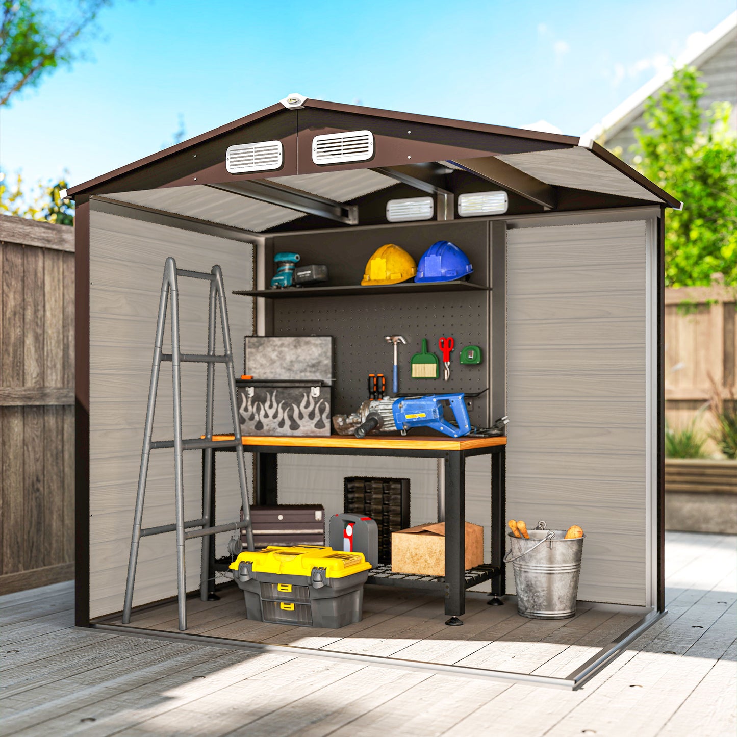 Outsunny 4x6ft Galvanised Steel Garden Shed With Lock And Gloves Oak For Outdoor Storage