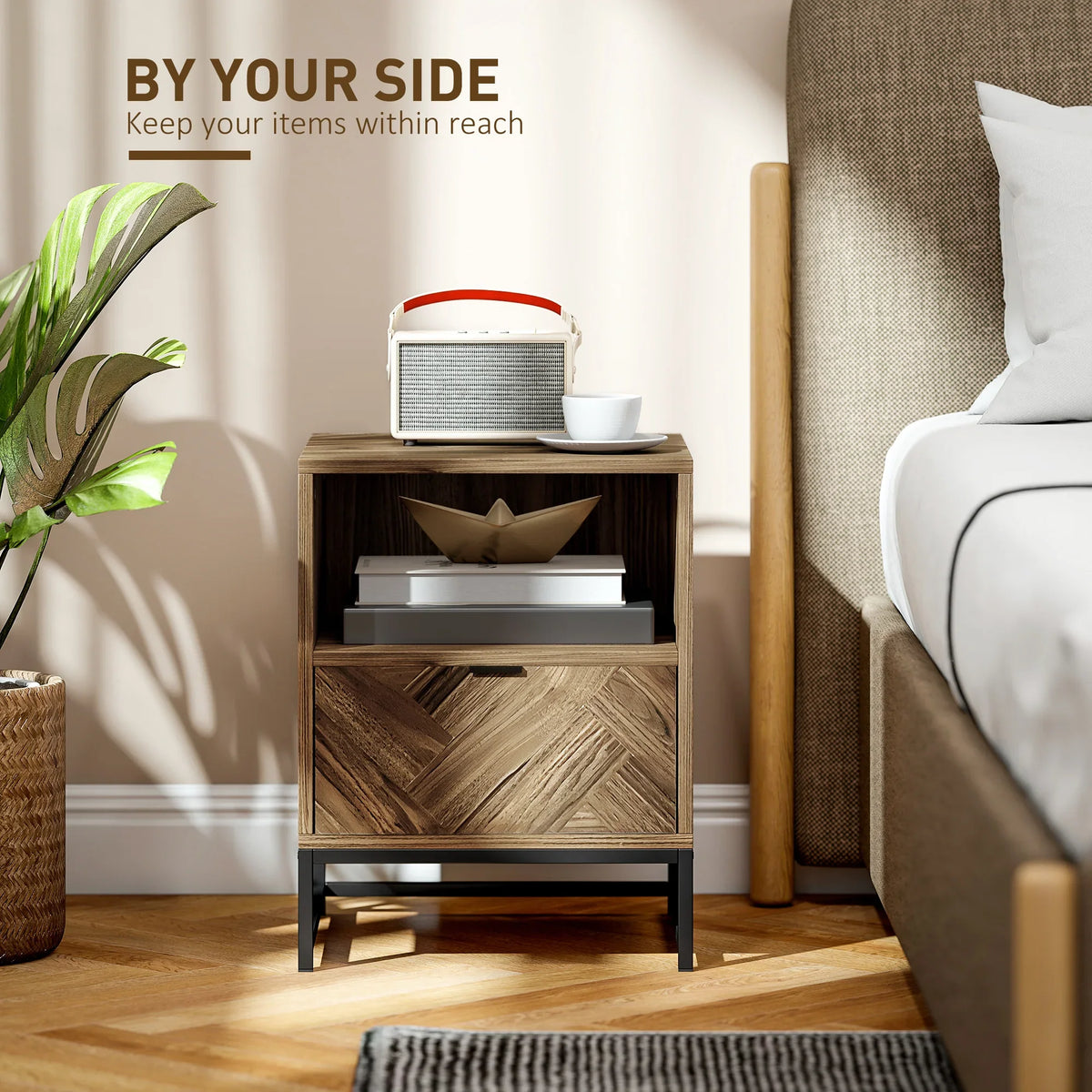Brown wood-effect bedside table with open shelf and drawer beside bed, steel legs