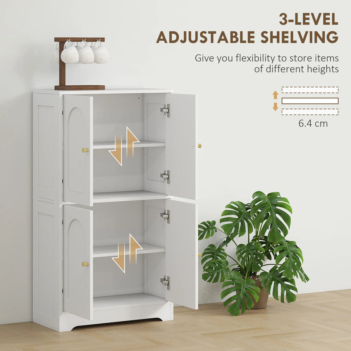White cabinet with arched doors and adjustable shelving; open side view with 3 levels
