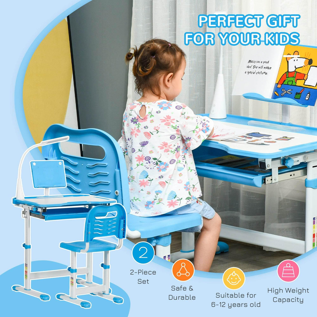 Blue kids study desk and chair set with angled tabletop and side storage tray
