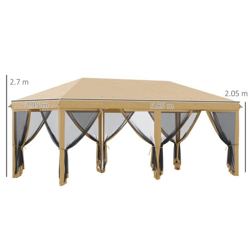Beige outdoor pop-up gazebo canopy with mesh sidewalls, cross braces, and labeled dimensions