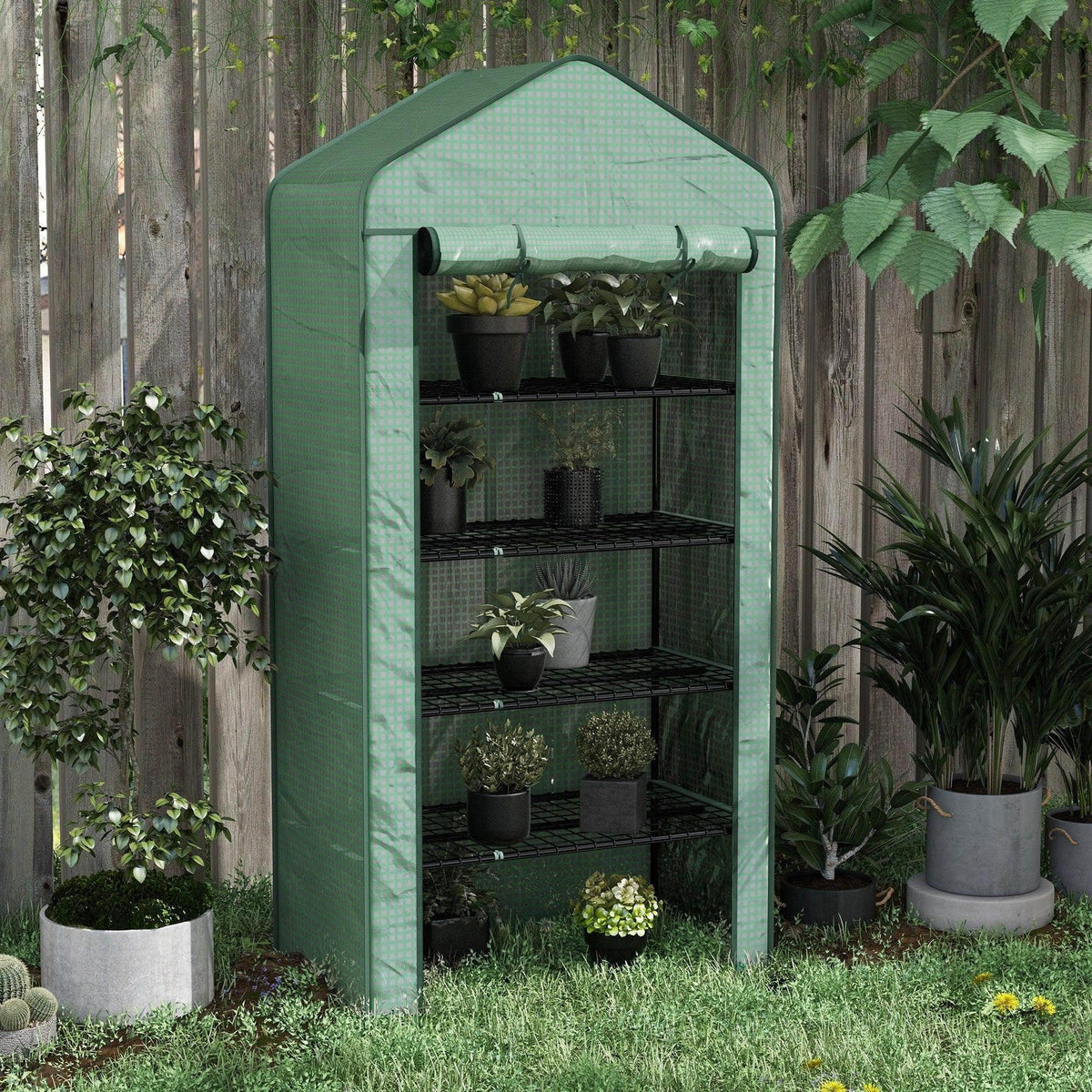 Green mini greenhouse with roll-up door and 5 wire shelves, for potted plants