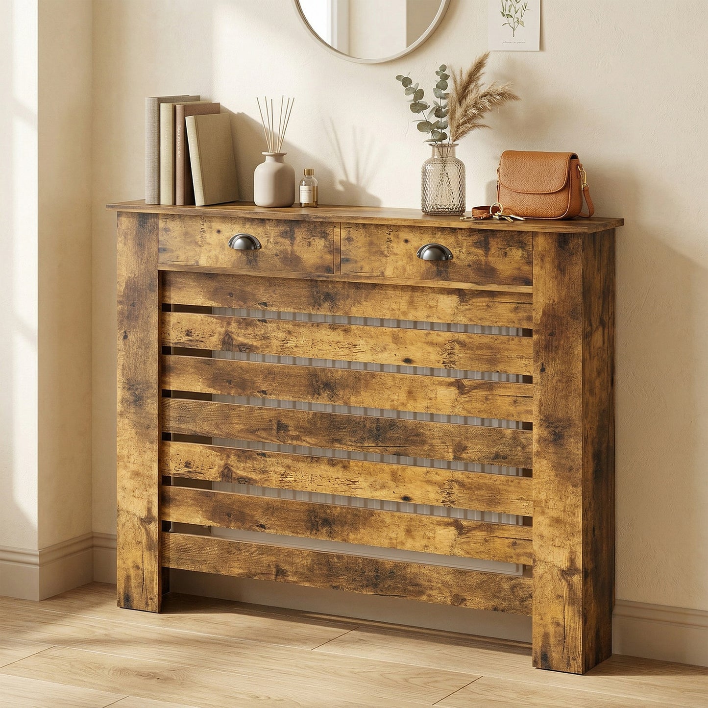 HOMCOM Rustic Brown Radiator Cover With Drawer 95.5 Centimeter High 111 Centimeter Wide Slatted Design