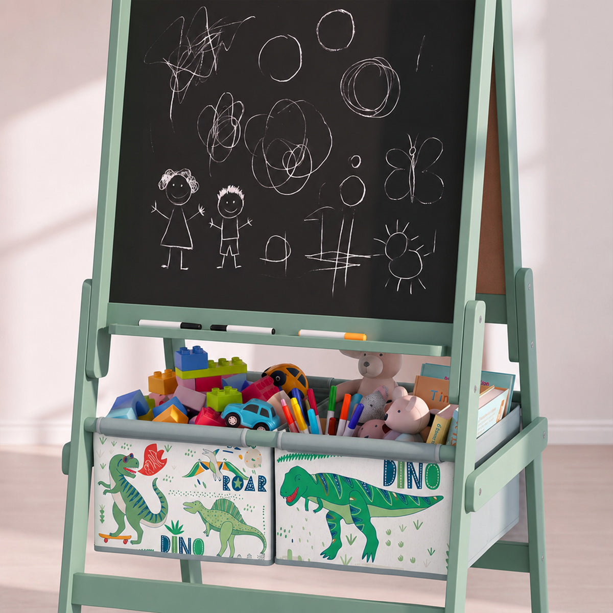 Mint green art easel with chalkboard, colorful markers, and dinosaur storage bins