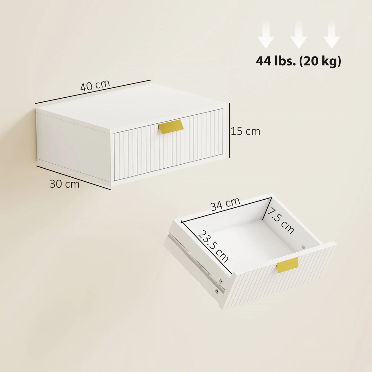 White floating bedside cabinet with wave front drawer and open compartment, shown with dimensions
