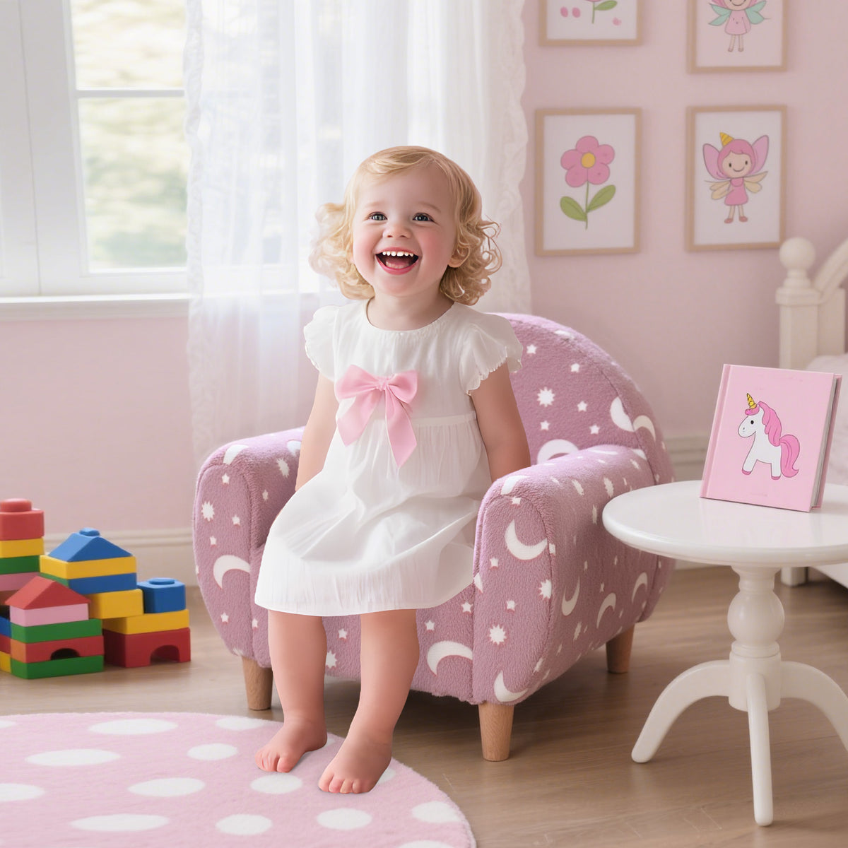 Pink kids armchair with star and moon print and bow detail, plush seat and armrests