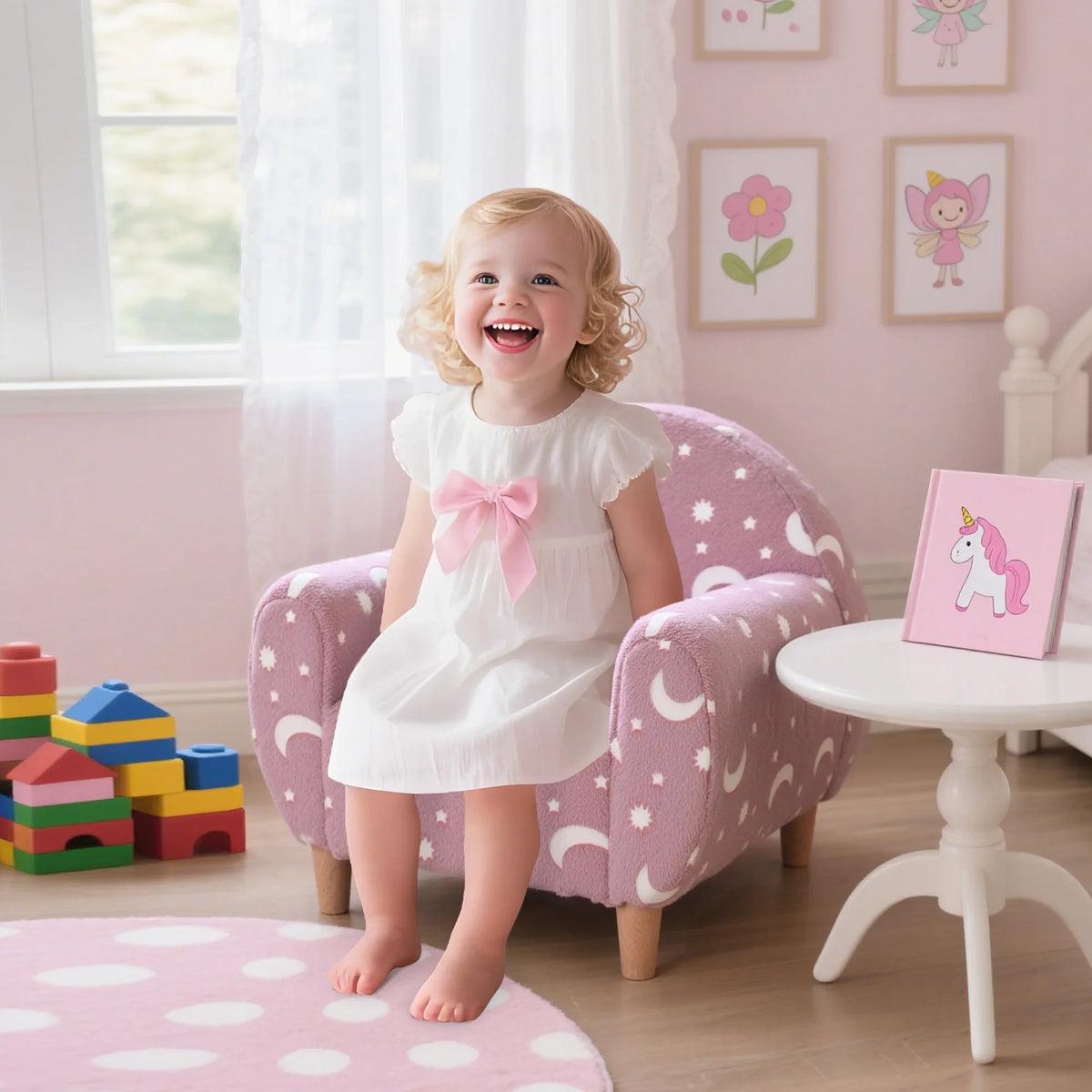 Pink kids armchair with star and moon print and bow detail, plush seat and armrests