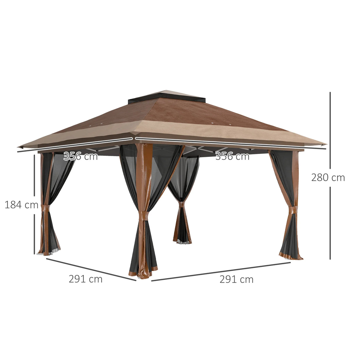 Brown pop-up gazebo with hanging side curtains and adjustable-height legs