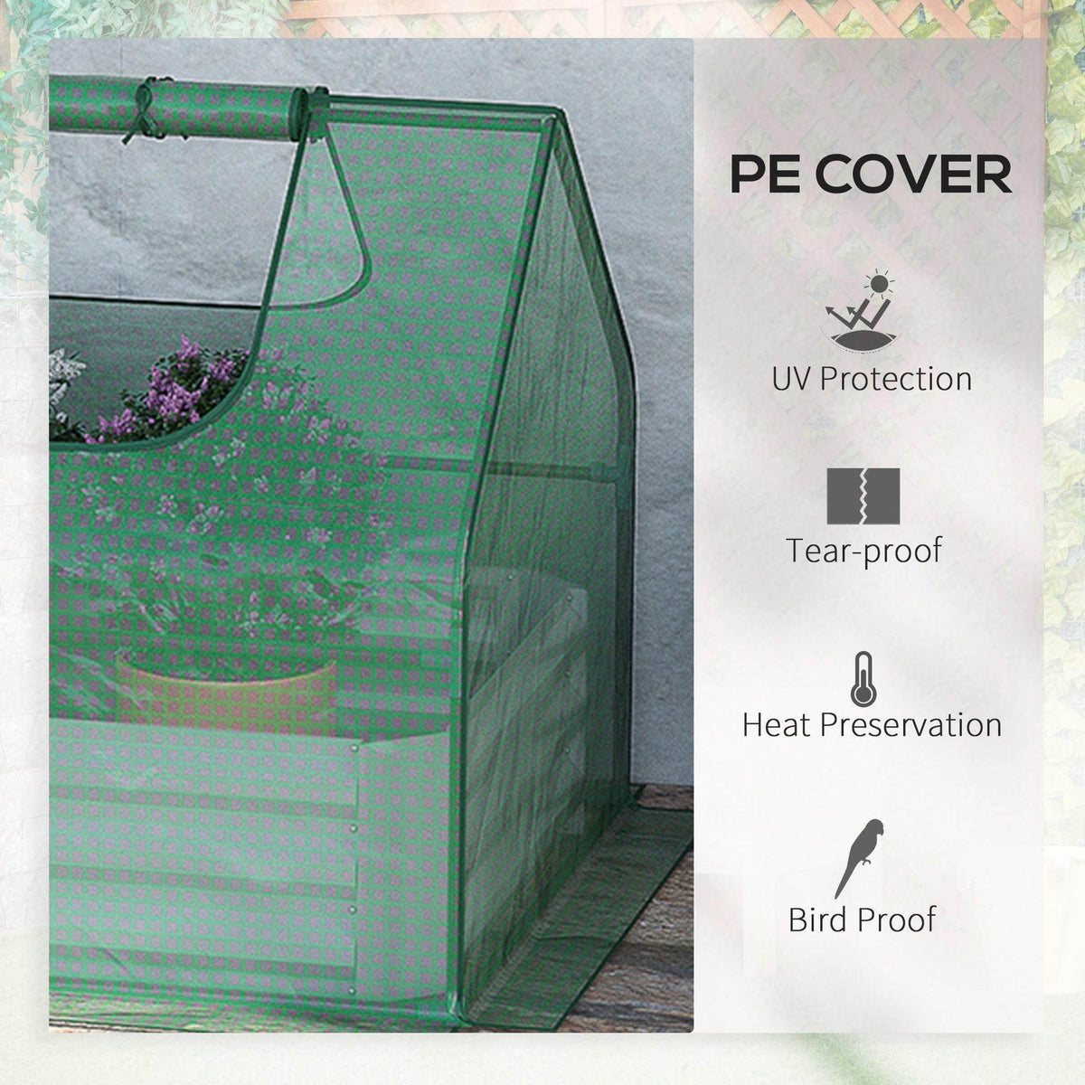Green PE greenhouse cover with transparent panels for a raised planter bed