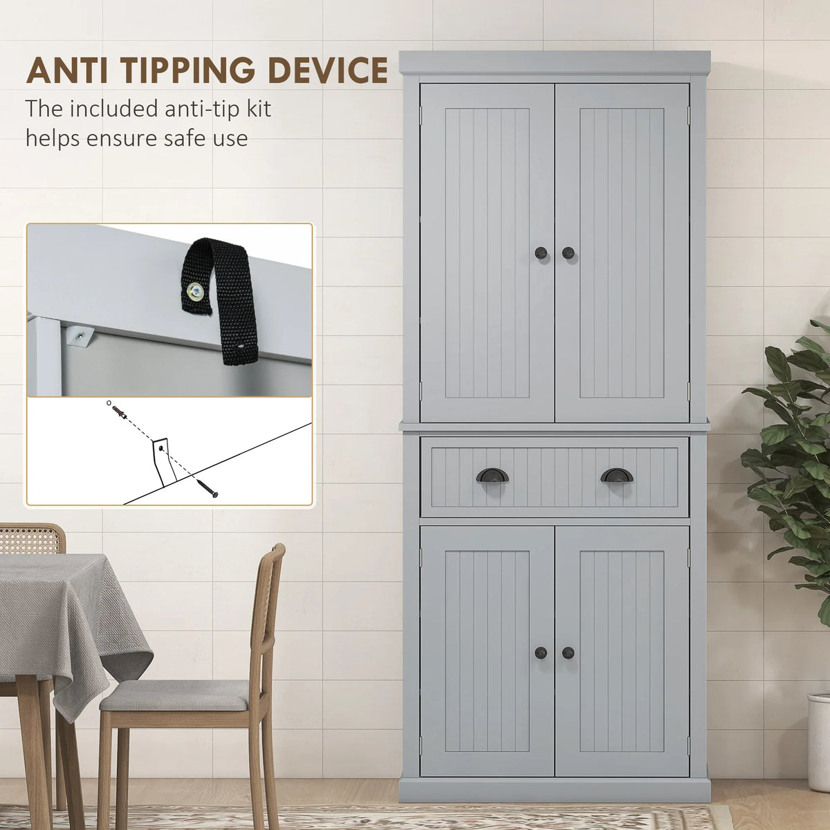 Grey pantry cabinet with four doors, two drawers, and included anti-tipping strap hardware