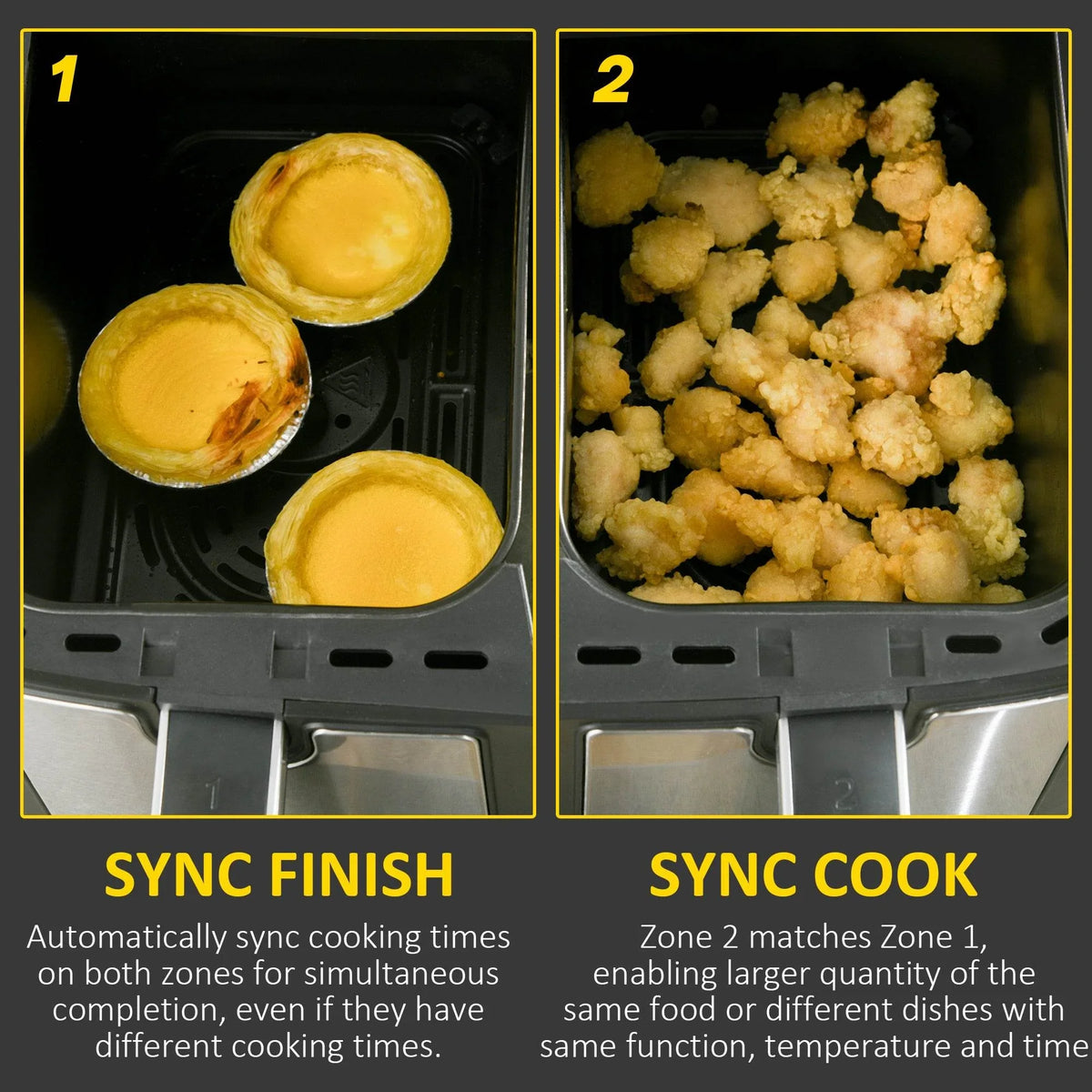 Dual-zone air fryer showing pastry cups in one basket and roasted chicken bites in the other