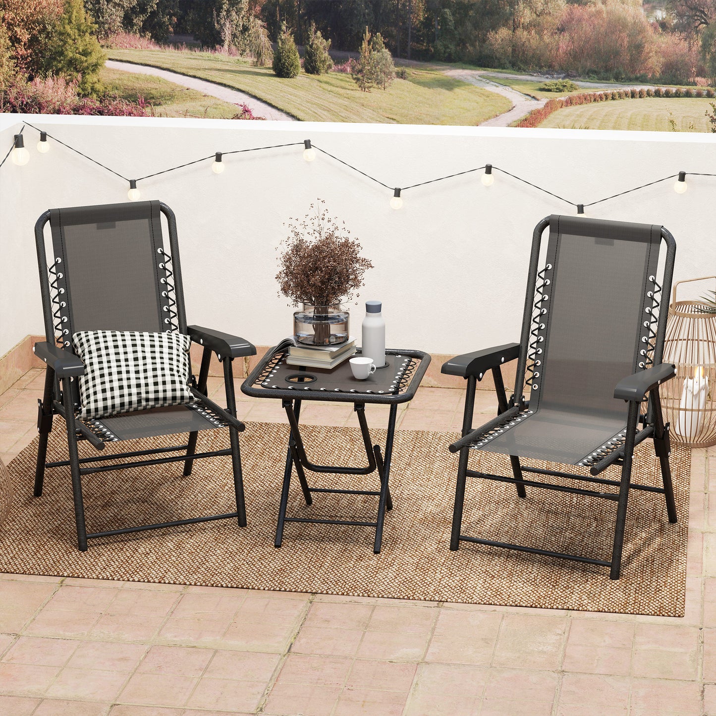 Outsunny Black Three Piece Garden Table And Chair Set With Powder Coated Steel Frame And Texteline Fabric