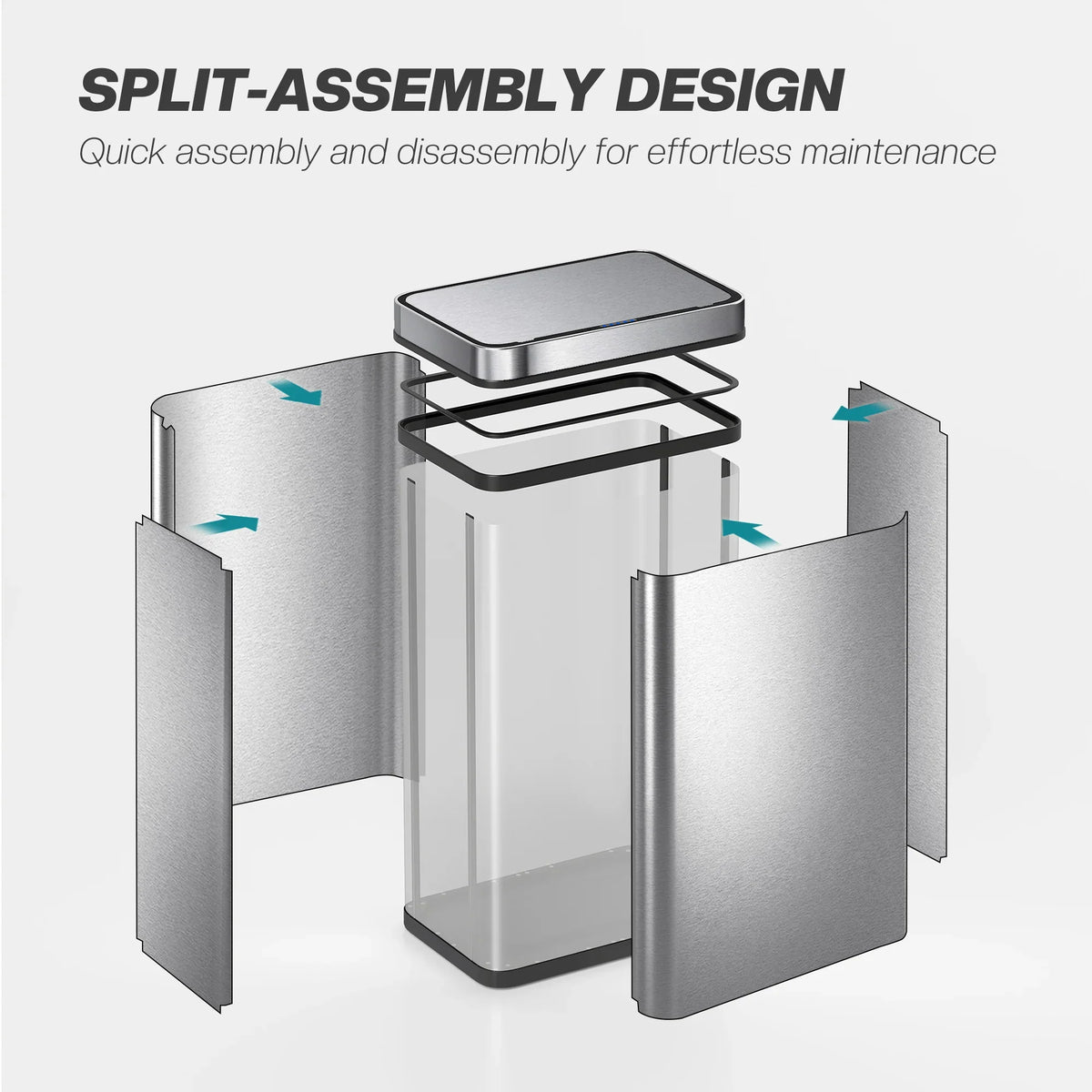 Silver stainless steel sensor trash can with split, removable side panels for access