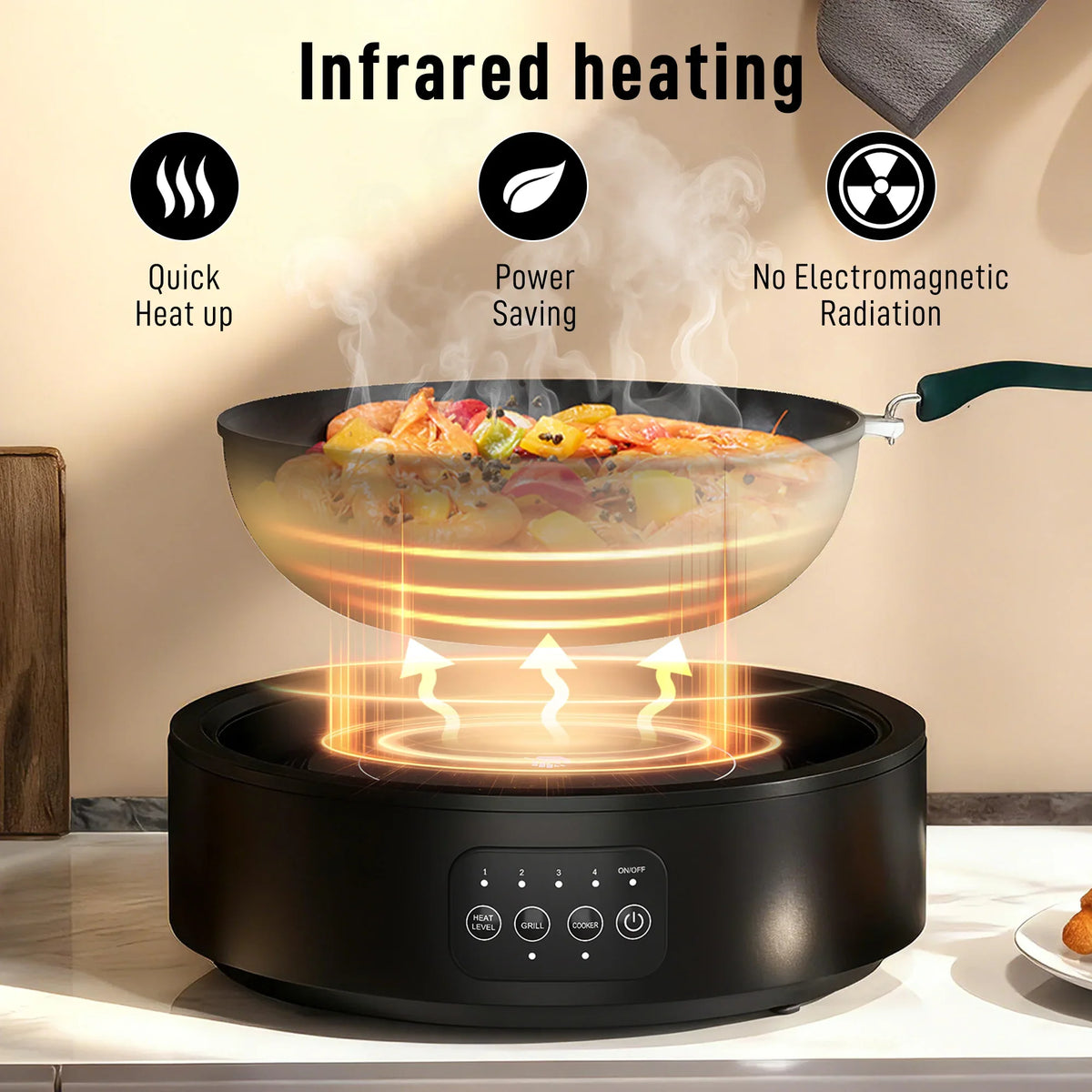 Black electric hot plate showing infrared heating glow beneath the cooking surface
