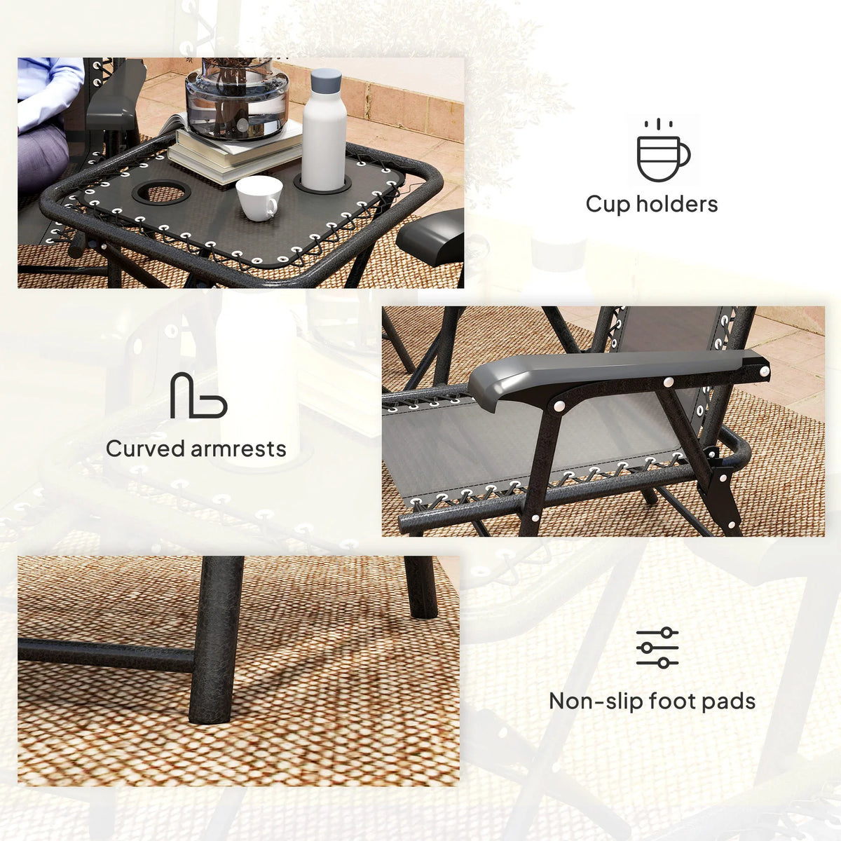 Black folding bistro set: curved armrests, cup holders, non-slip foot pads