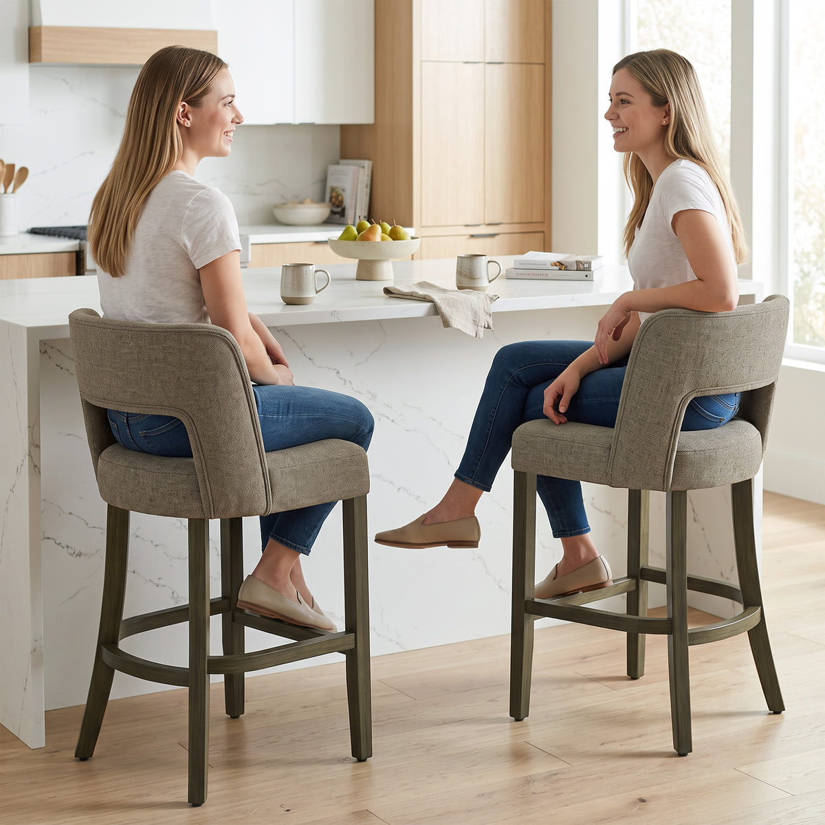 Set of 2 counter-height bar stools with curved backs and dark chenille seat cushions