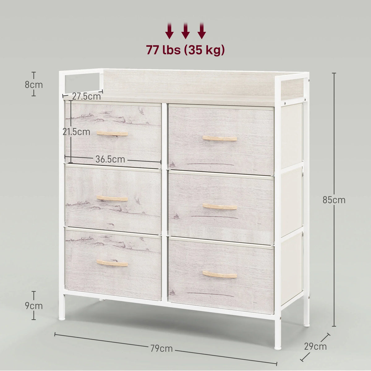 White rustic six-drawer chest with light wood handles, shown with product dimensions