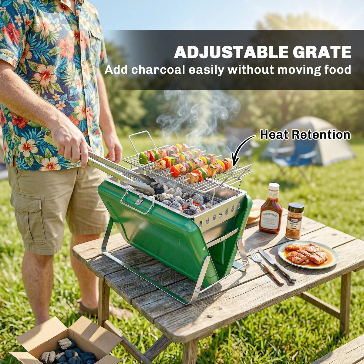 Green portable charcoal grill with adjustable wire grate, grilling skewers over coals