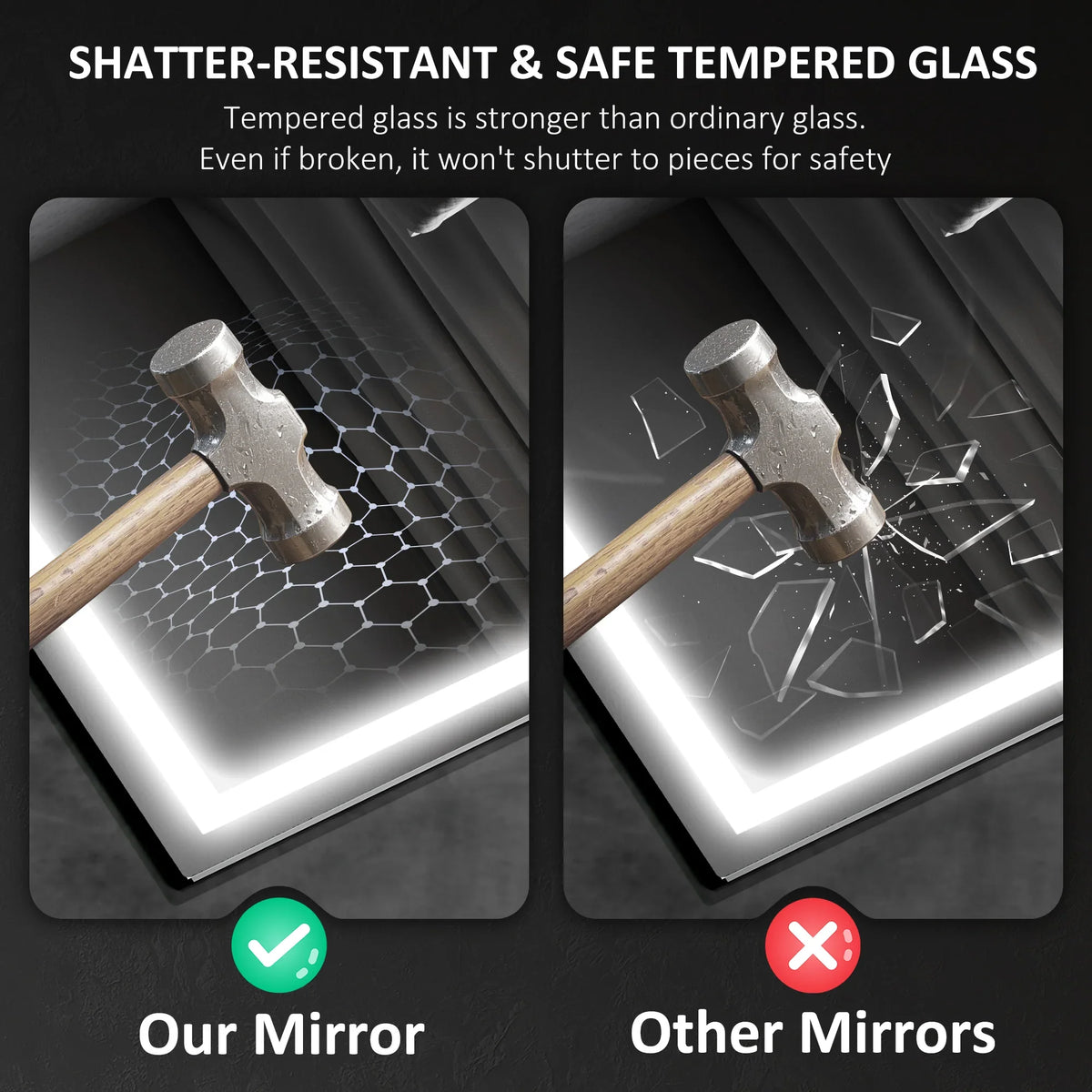 Tempered glass LED bathroom mirror with shatter-resistant, safe design