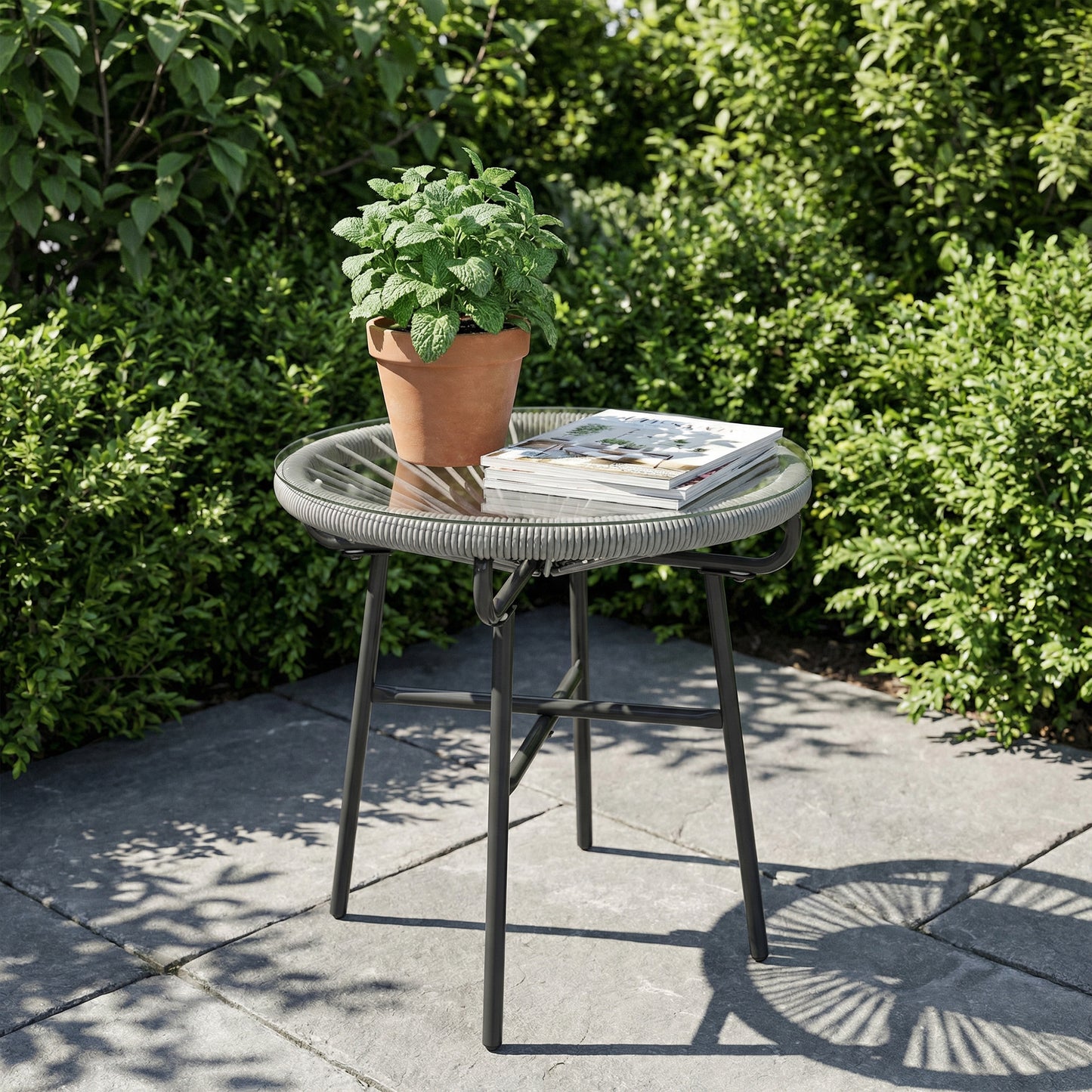 Outsunny Rattan Side Table Round Outdoor Coffee Table With PE Rattan And Tempered Glass Tabletop Light Grey