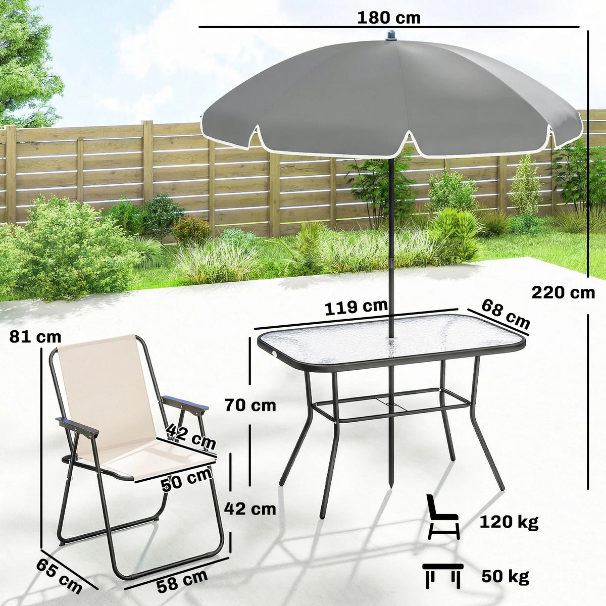 Outdoor dining set with umbrella, round glass table, and folding chair size diagram