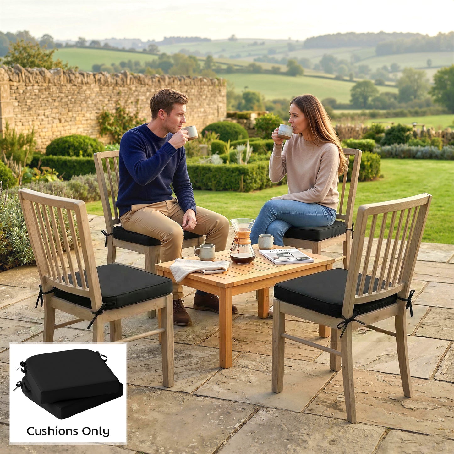 Outsunny Outdoor Chair Cushions Set of 2 with 7cm Thick Foam and Ties Water Repellent Flame Retardant Fabric Black