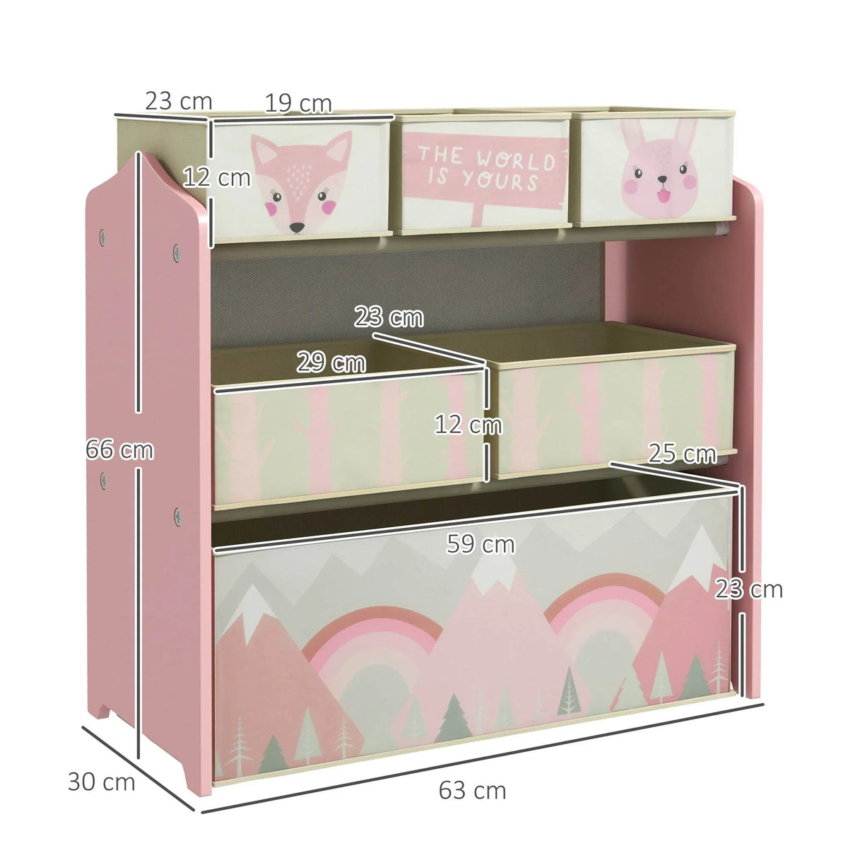 Pink kids storage organizer with open cubbies and fabric bins with animal graphics