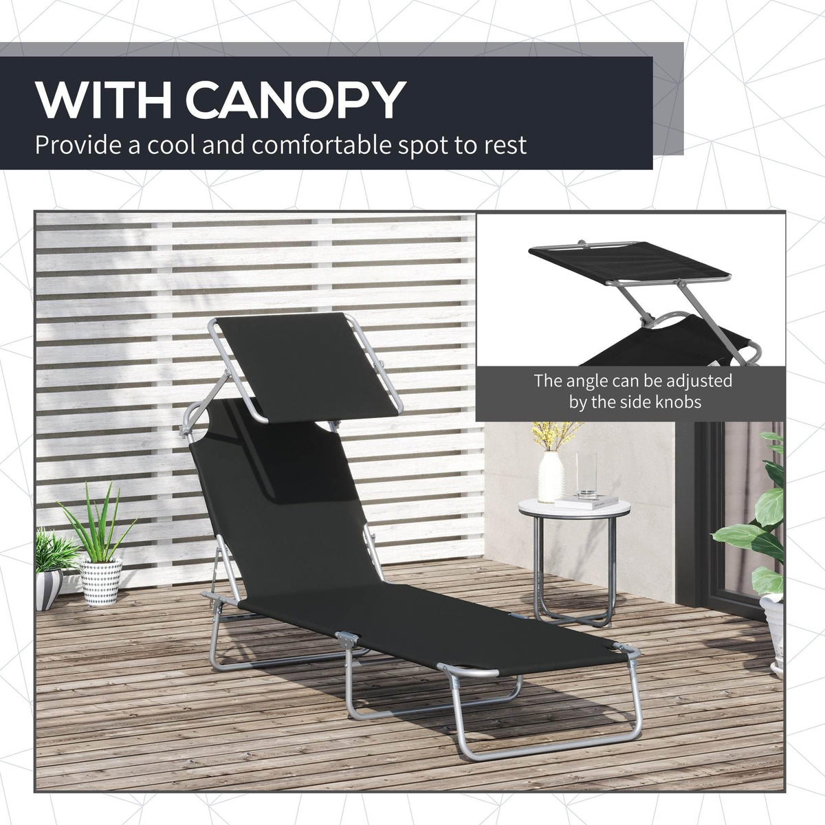 Outsunny black folding sun lounger with adjustable canopy for outdoor lounging