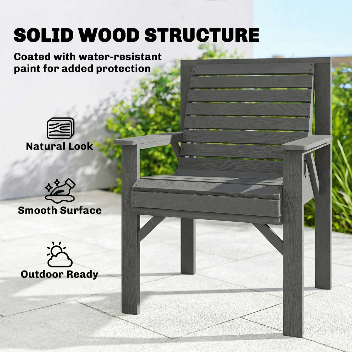 Grey outdoor wooden dining chair with slatted seat, smooth frame, and water-resistant finish