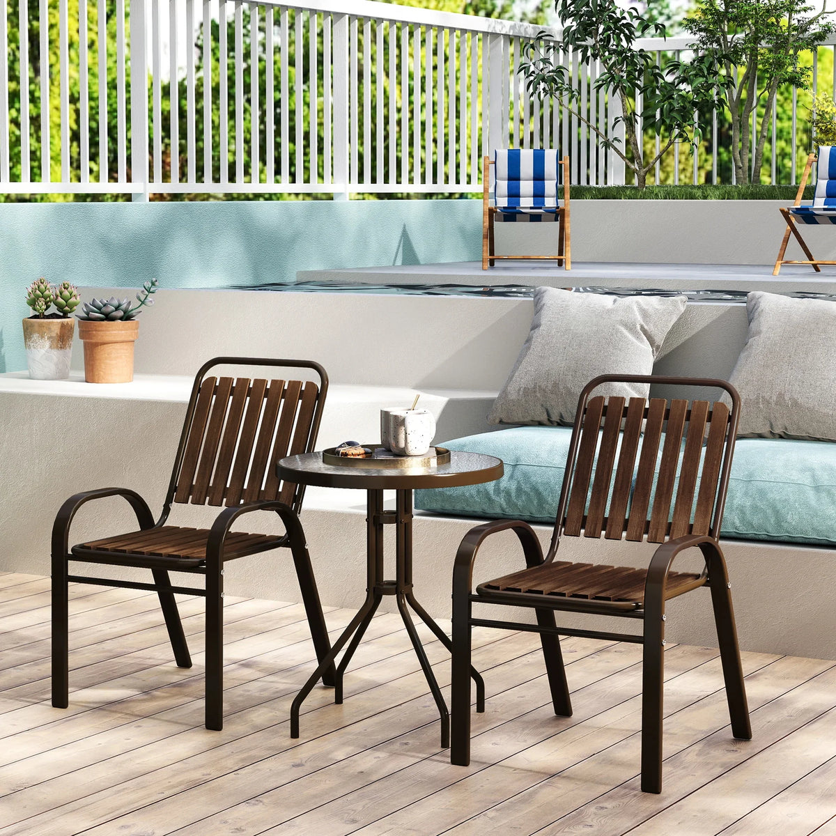 Outdoor patio bistro set with two chairs and round glass-top table in dark brown