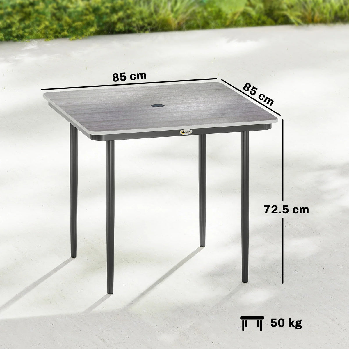 Square outdoor table with 85 cm top, umbrella hole, and dark metal legs