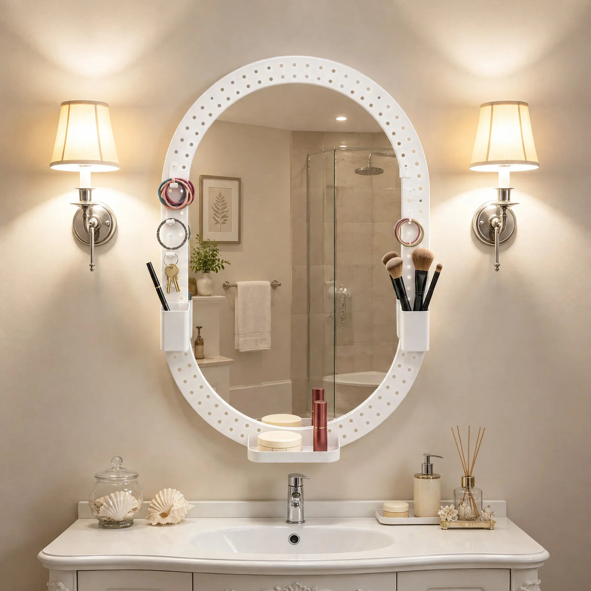 White oval mirror above sink with pegboard storage hooks and holders