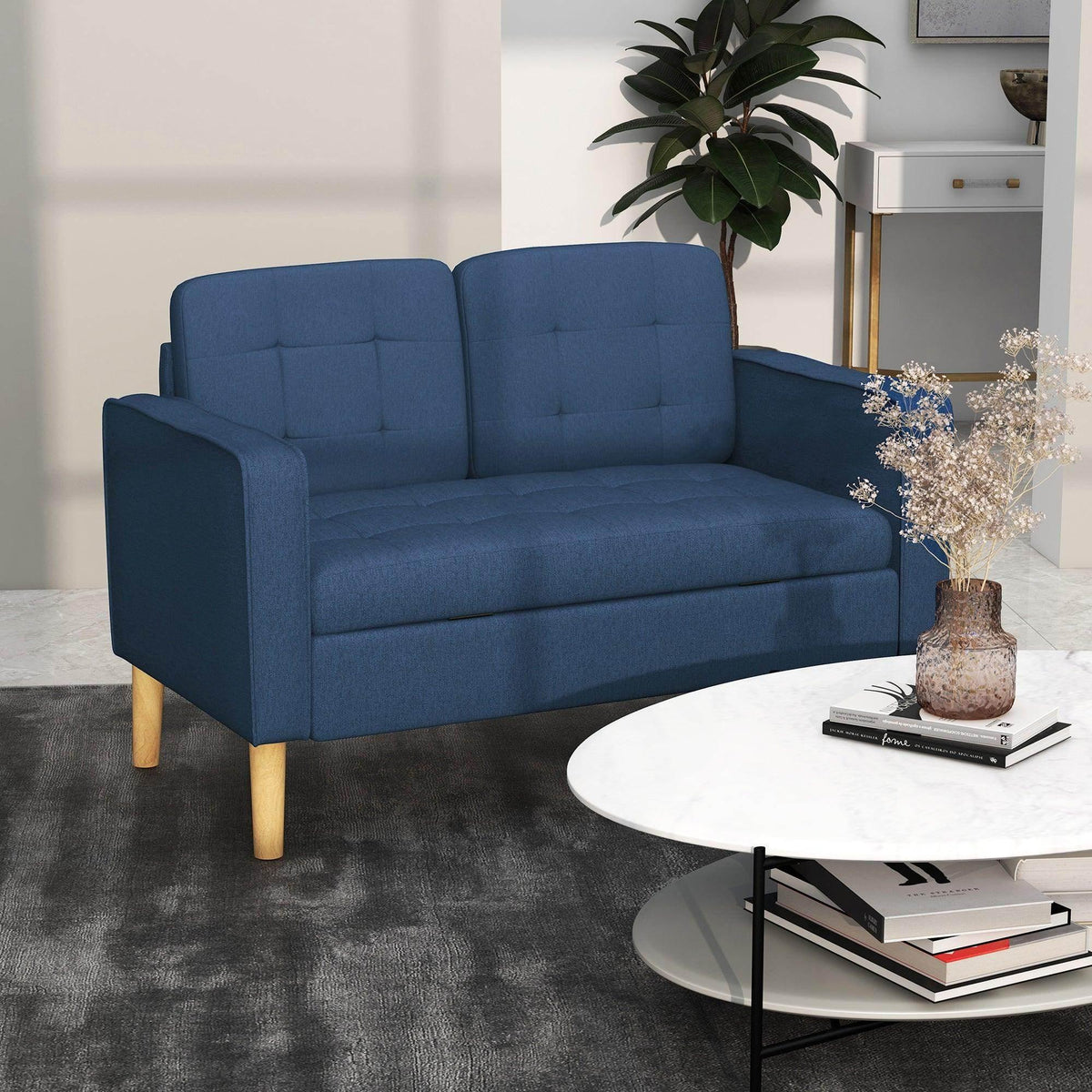 Blue 2-seater upholstered loveseat sofa with tufted backrest and wooden legs