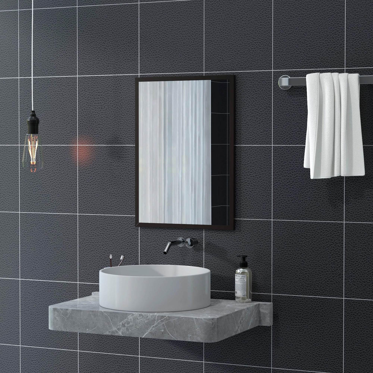 Rectangular black-framed wall mirror with vertical reflective glass surface