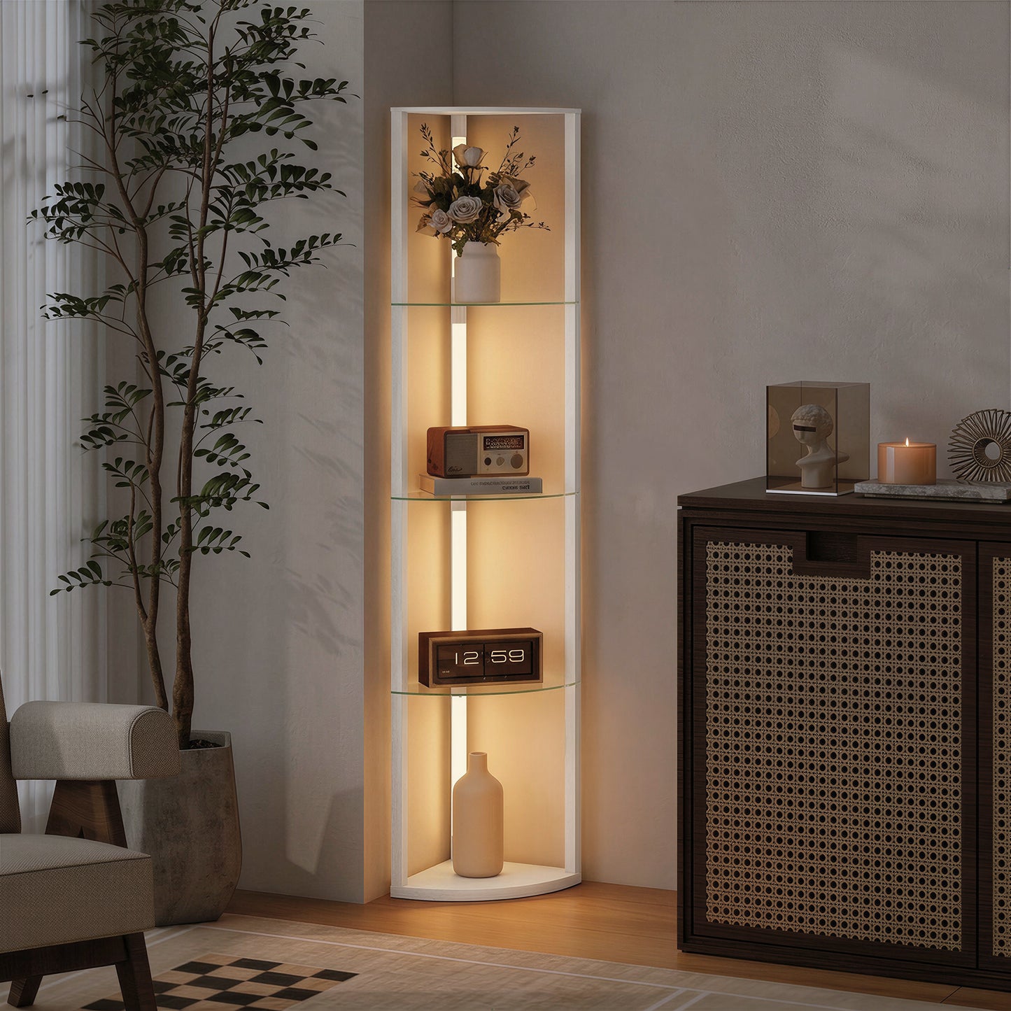 HOMCOM Corner LED Floor Lamp With Shelves Dimmable Standing Lamp With Foot Switch White For Living Room And Bedroom