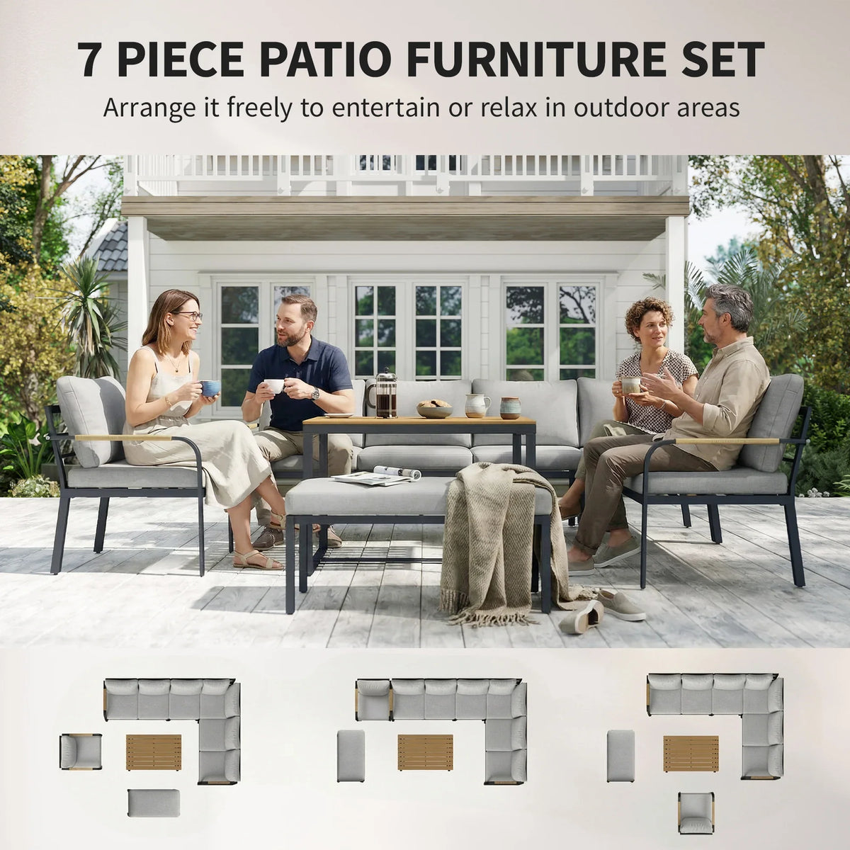 7-piece outdoor patio furniture set with cushions, layout illustration