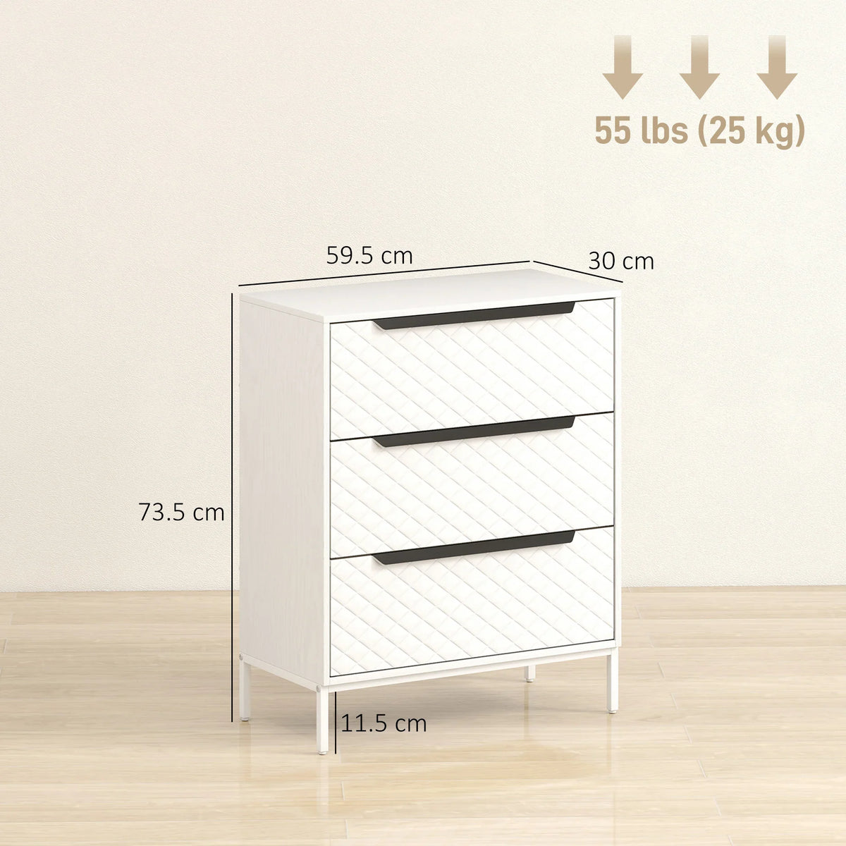White three-drawer fabric chest of drawers with dark metal handles and four legs