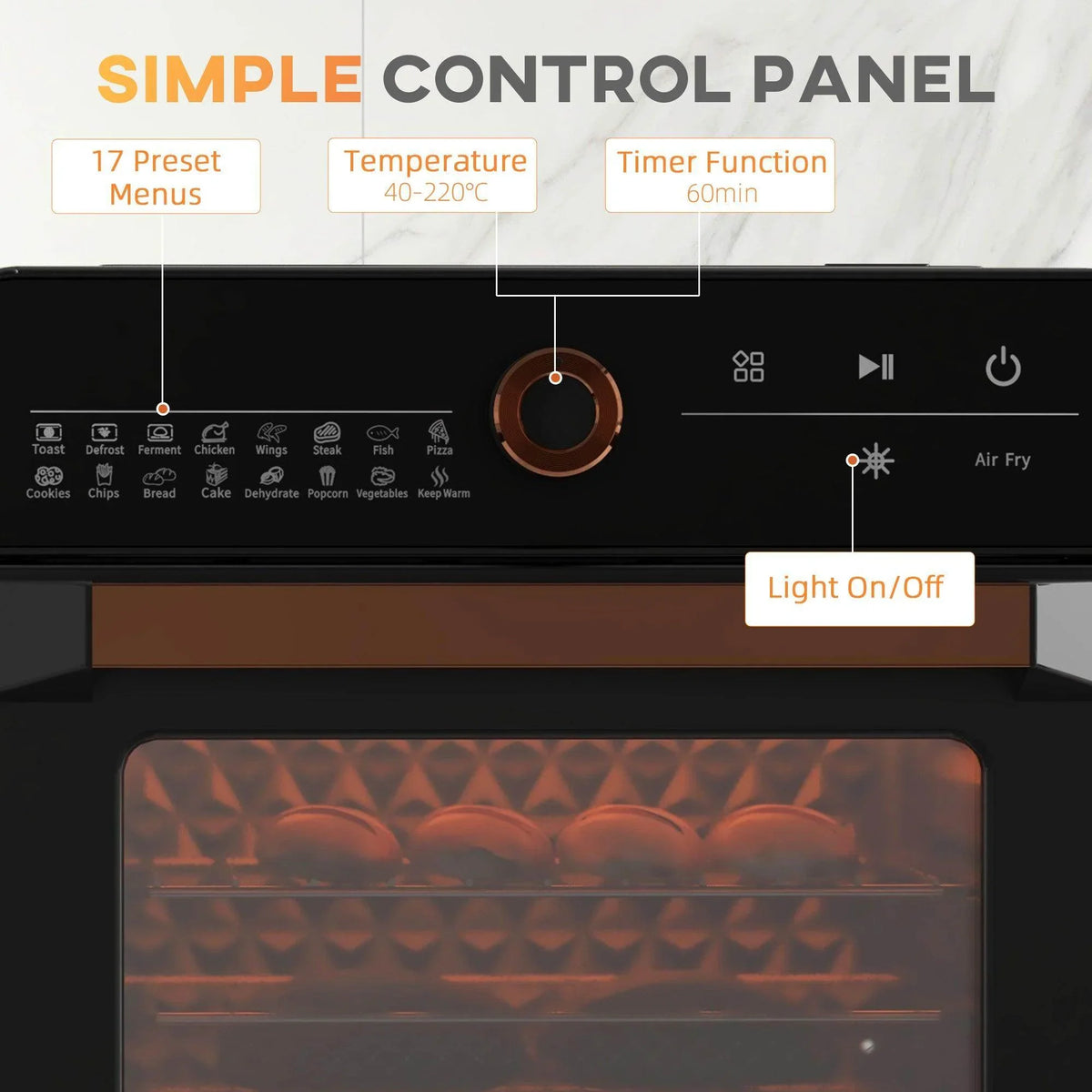 Air fryer oven control panel with rotary dial, preset icons, and chamber light