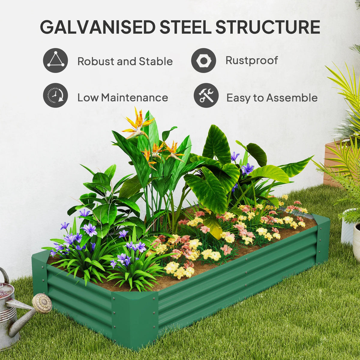 Green galvanized steel open-top planter with slatted sides, filled with flowers
