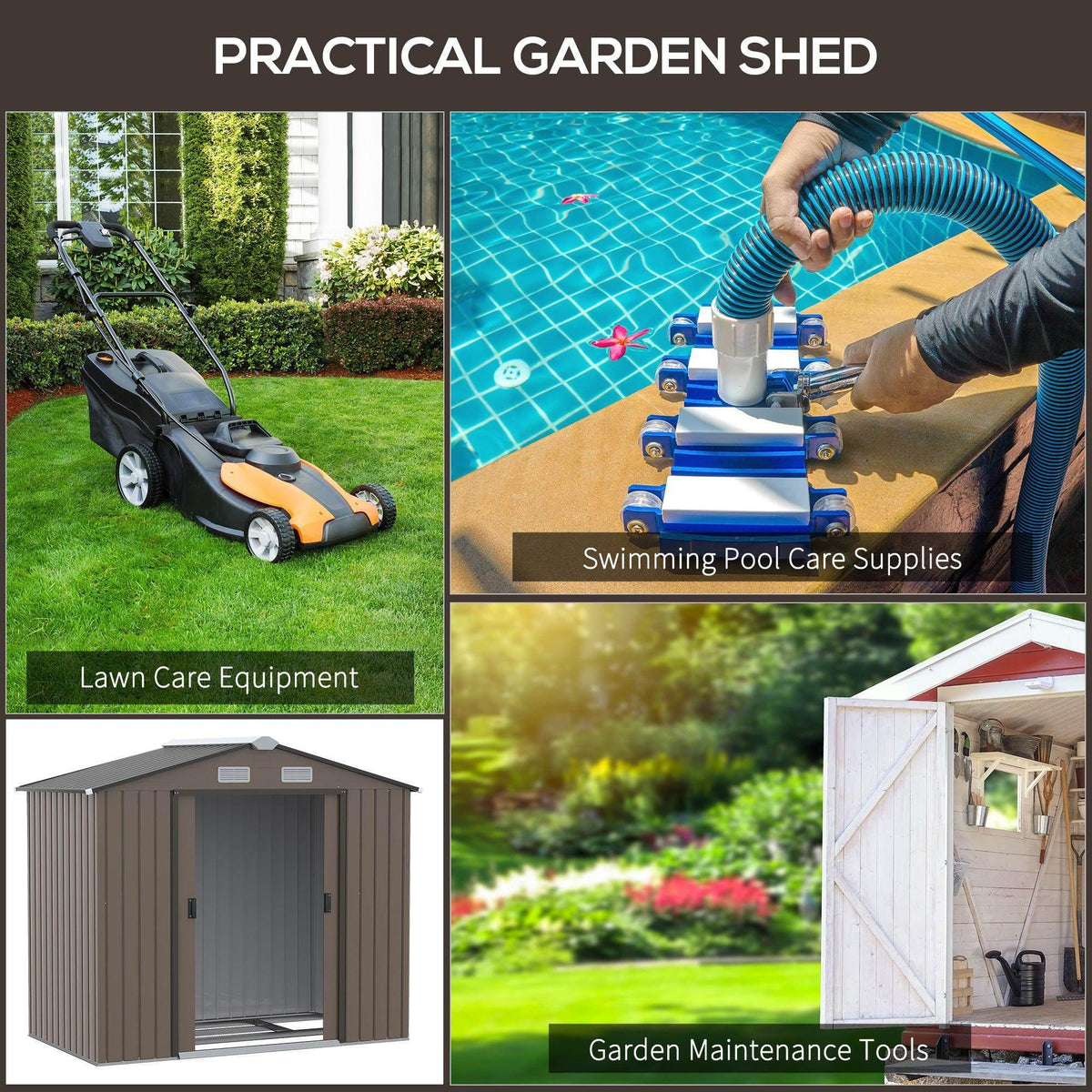 Brown metal garden shed with double sliding doors for storing garden equipment.