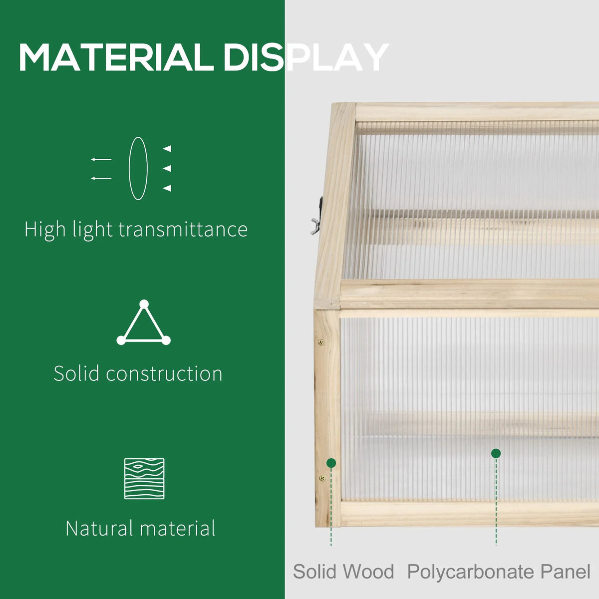 Wooden cold frame grow house with solid wood frame and polycarbonate panels