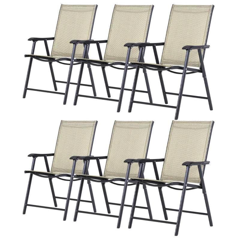 Row of 6 folding garden chairs with beige mesh seats and dark metal folding frames