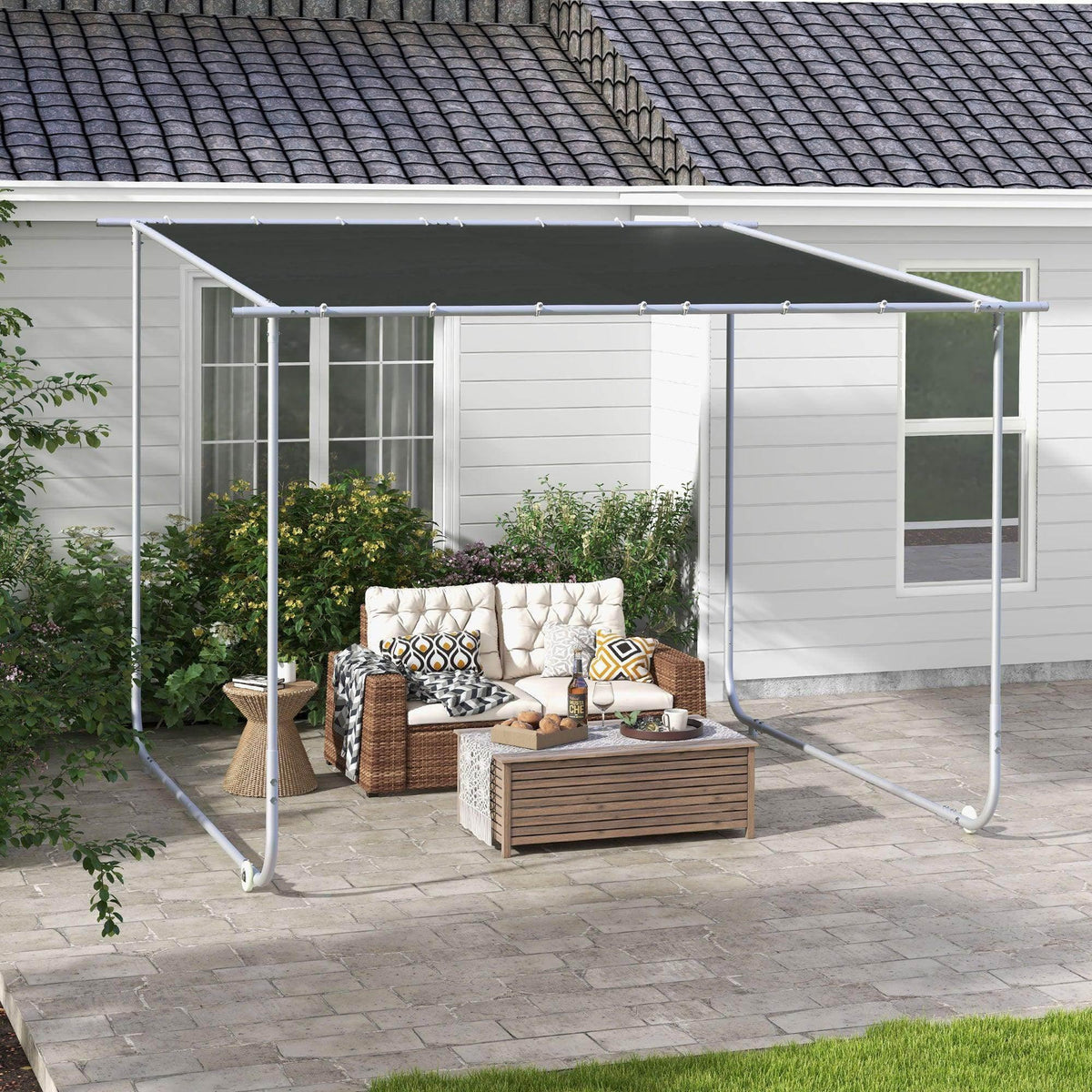 Portable mobile pergola kit with gray fabric canopy and open side curtains on a patio