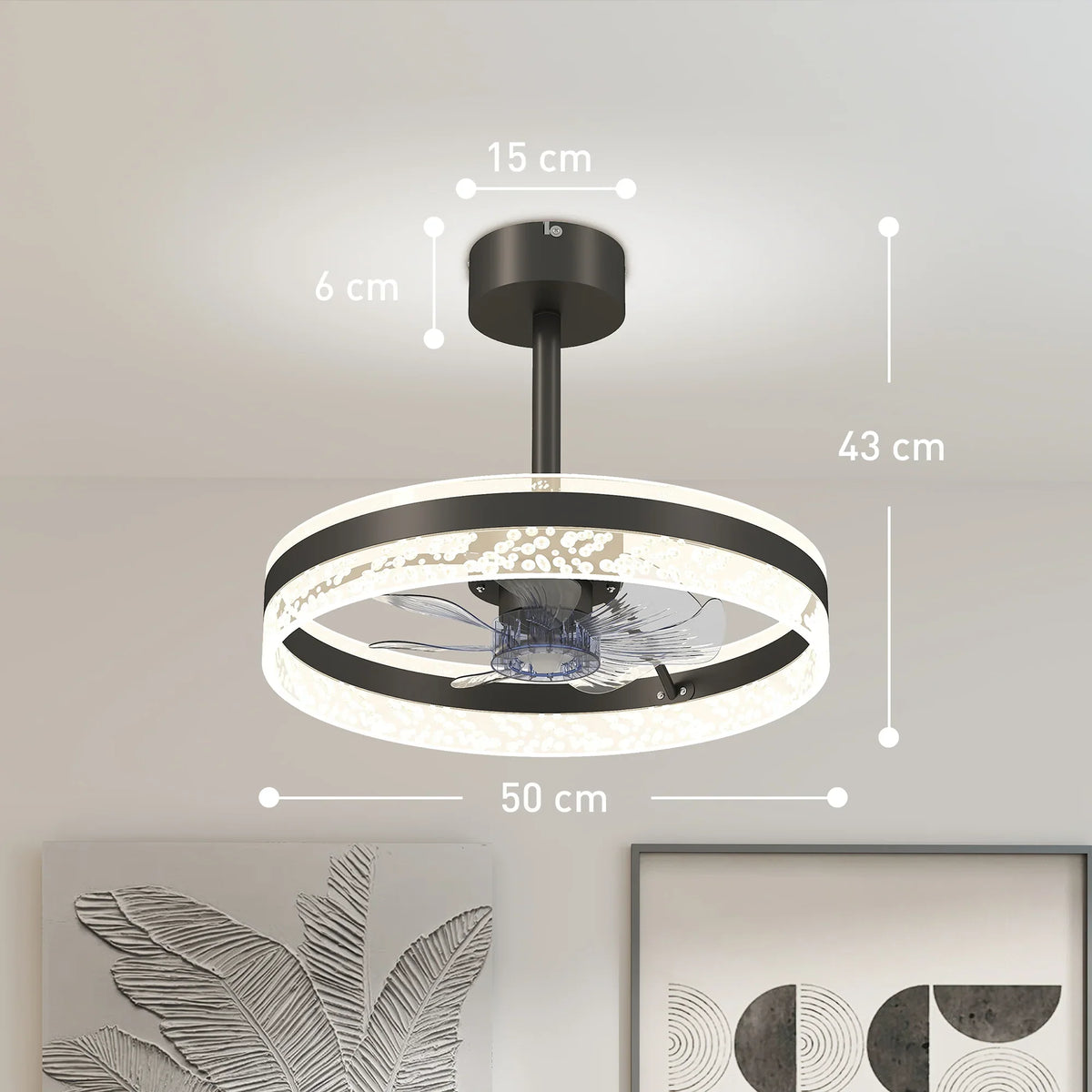 Black ceiling fan canopy and circular LED light with visible size measurement labels